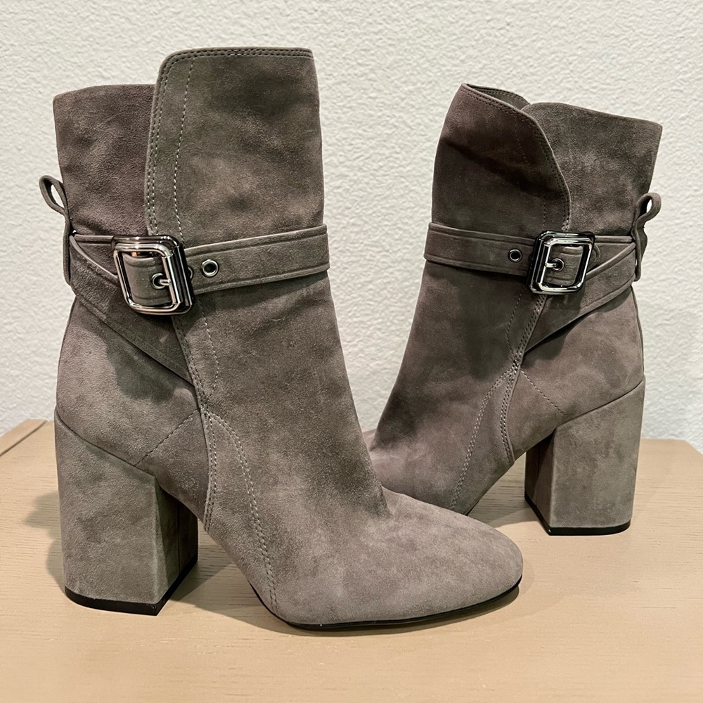 Vince Camuto Damefaris Block Heel Bootie Gray Suede